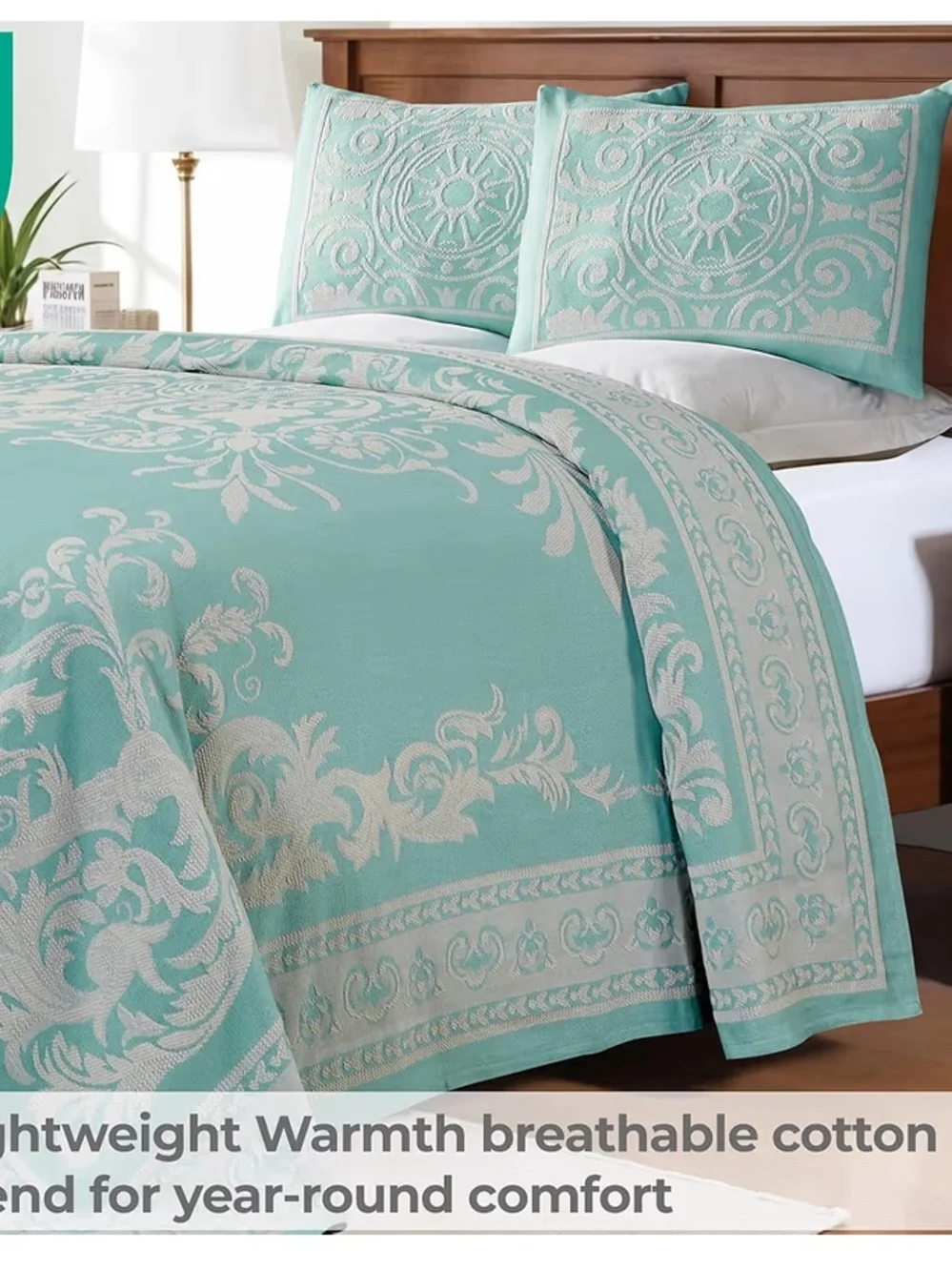 ‘Adalie Collection’ Turquoise Jacquard Floral Bedspread Set FULL